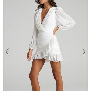 Showpo CAN I BE YOUR HONEY PLUNGE BALLOON SLEEVE MINI DRESS IN WHITE